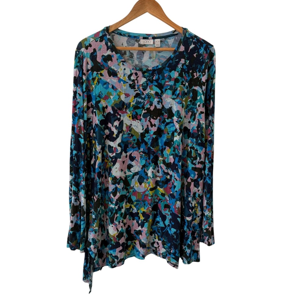 LOGO Lori Goldstein Abstract Geometric Tunic Top 2X Multicolor Sharkbite Hem